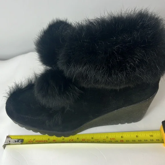 Coach Kataya Wedge Ankle Boots Booties in Black Suede with Black Rabbit Fur Trim - Picture 16 of 17